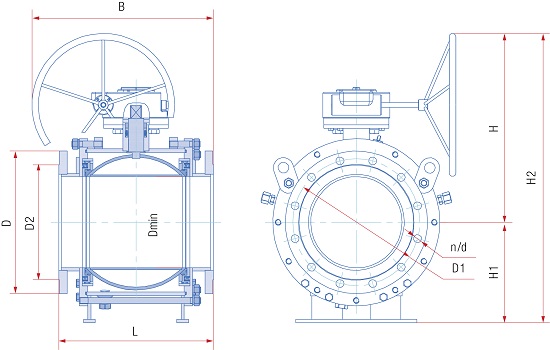 Кран шаровой полнопроходной разборный фланцевый с редуктором, Ду от 200 до 700 мм, ст. 20